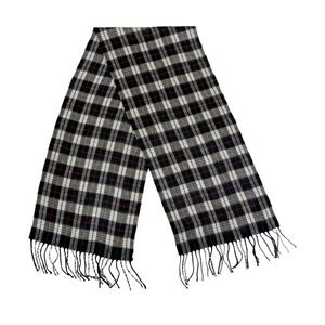 Geoffrey Beene Cashme Scarf Plaid Black Tan Red Made in Italy Acrylic Fringe‎